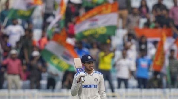 India's batter Shubman Gill celebrates his half century during the fourth day of the fourth Test cricket match between India and England, in Ranchi Monday, Feb. 26, 2024.